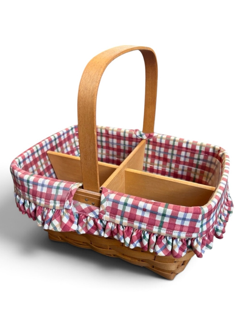 Longaberger Woven Basket Red/White Plaid Liner Wooden Divider & Protector 2000